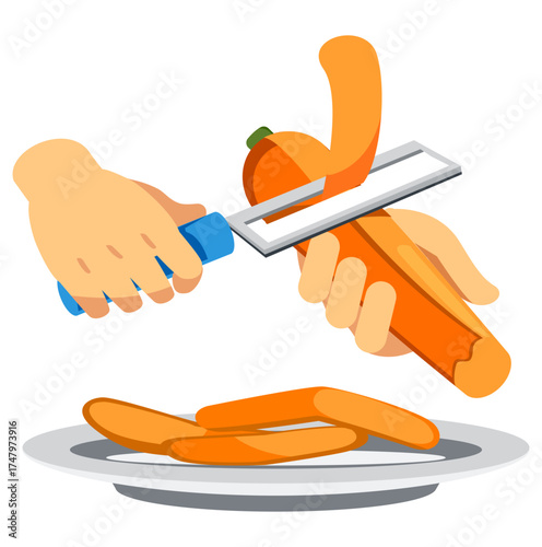 Icon vector of hand peeling carrot with a peeler, healthy vegetable preparation concept illustration.