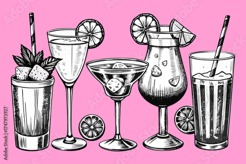 Vintage Hand-Drawn Cocktail and Drink Glasses Set. Engraved Bar Menu Illustrations. cocktail drink handdrawn illustration.