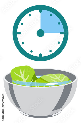 Icon vector showing vegetables soaking in water with a timer, symbolizing cleaning duration for safe food.