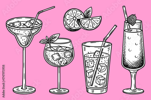 Vintage Hand-Drawn Cocktail and Drink Glasses Set. Engraved Bar Menu Illustrations. cocktail drink handdrawn illustration.