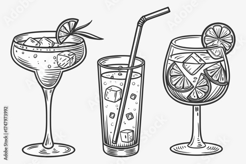 Vintage Hand-Drawn Cocktail and Drink Glasses Set. Engraved Bar Menu Illustrations. cocktail drink handdrawn illustration.