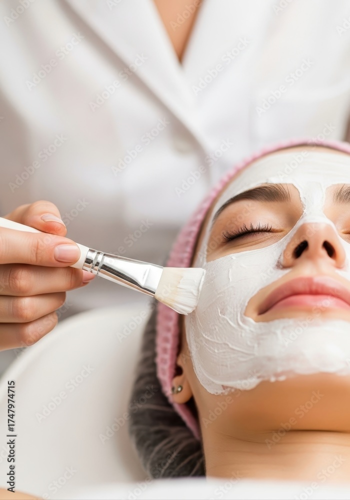 Naklejka premium beautician applies white cosmetic mask to woman's face with brush. client relaxes during skincare procedure in spa. beauty and wellness concept.