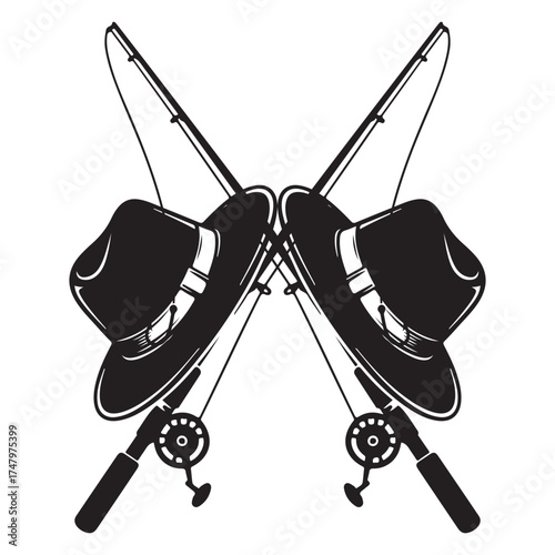 Crossed Fishing Hats and Rods - Vintage Style