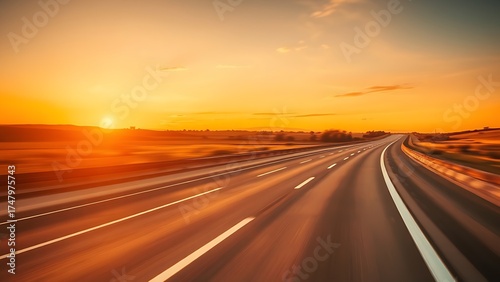 Sunset highway with blurred motion effect and warm golden tones in a simple landscape.