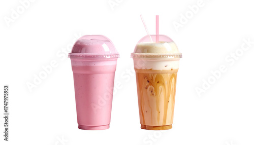  Smoothie latte duo featuring layered textures and creamy colors, isolated on transparent background