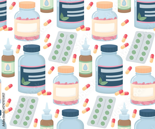Seamless pattern with medicine bottles, blister packs with tablets and capsules. Colorful background with pharmaceutical elements