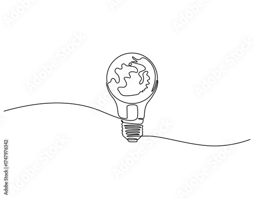 Continuous one line drawing of earth globe inside lamp bulb. One line drawing illustration of earth and lamp bulb mix. Idea and innovation concept single line. Editable outline
