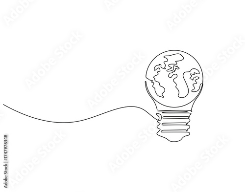 Continuous one line drawing of earth globe inside lamp bulb. One line drawing illustration of earth and lamp bulb mix. Idea and innovation concept single line. Editable outline