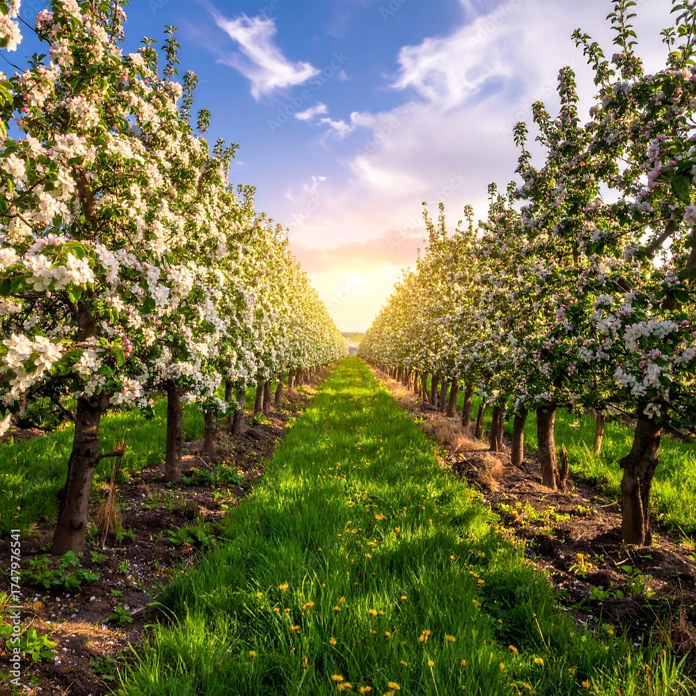 Naklejka premium A sun-drenched orchard path lined with blossoming apple trees