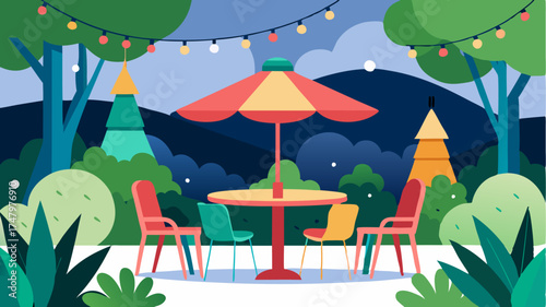 An outdoor patio with colorful chairs and tables surrounded by greenery and décor lights creating a vibrant atmosphere for al fresco dining.