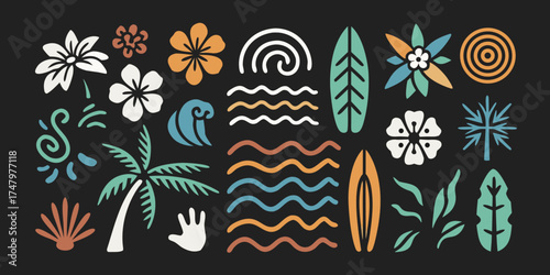 Tropical hawaiian summer icons collection with flowers palm tree surfboards and waves