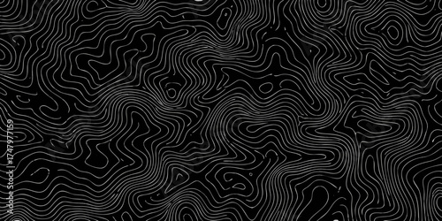 Abstract topographic map lines on a black background representing terrain contours and elevation changes