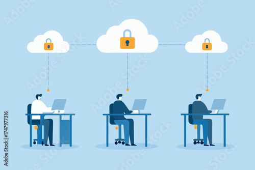 Secure cloud computing network with people working on laptops connected to locked cloud servers