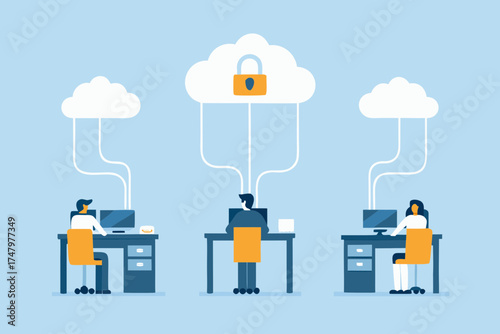 Employees connected to secure cloud storage for data management and online collaboration