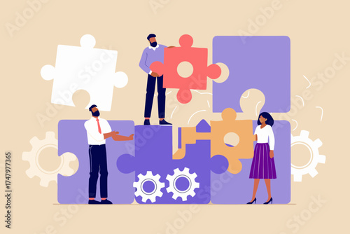 Diverse business team collaborating to solve complex puzzle pieces and gears for project success