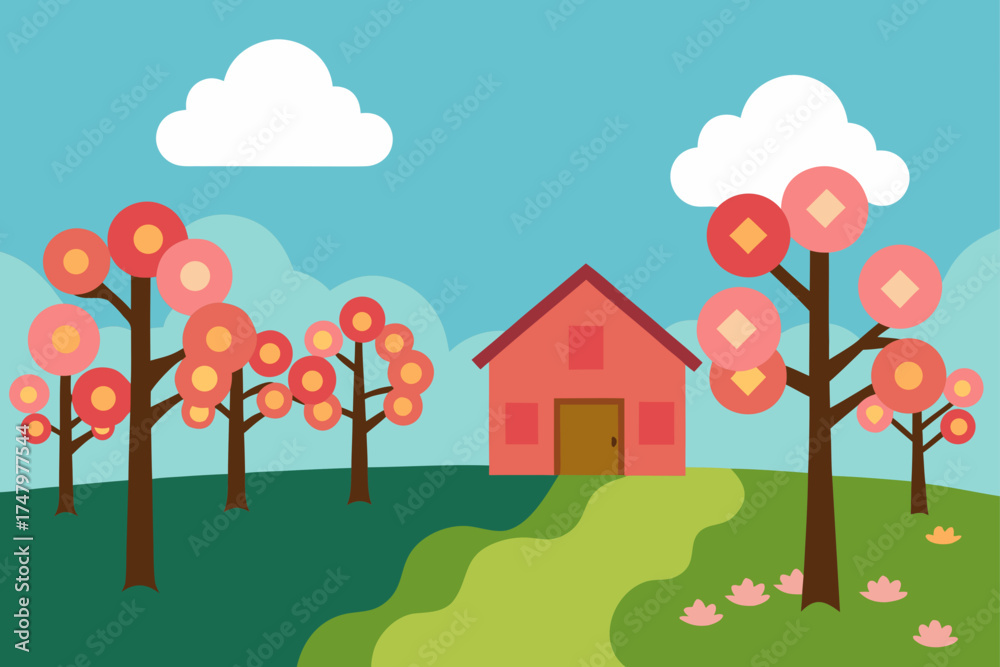 Naklejka premium House and trees cartoonish on transparent background