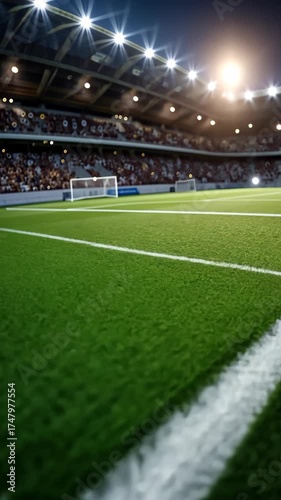 Enjoy the lively atmosphere of a packed soccer stadium under bright lights as action unfolds on the field