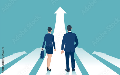 Business couple chooses path to career growth, profit. The rising arrow symbolizes growth. Concept business vector illustration