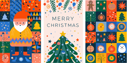 Whimsical scandinavian style christmas illustrations featuring santa claus a decorated tree and festive ornaments