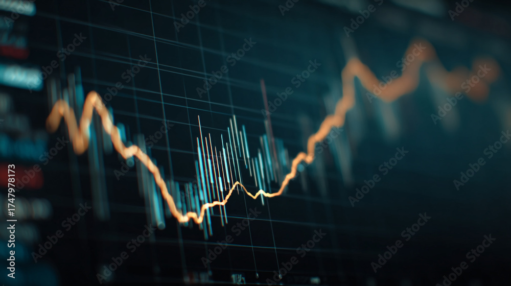 Naklejka premium A close up of a financial chart showing an orange line graph and blue vertical lines on a dark background