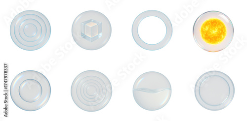 Collection of eight isolated transparent glass shapes, including circles, rings, a cube, and a sphere with a glowing center, on a white background for design and science concepts.