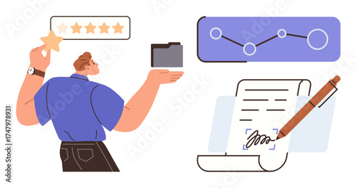 Man holding rating star and folder, observing analytics chart, and signing contract. Ideal for business management, customer feedback, decision-making, data analysis, legal workflow, documentation