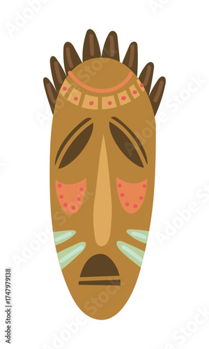 Wooden spirit mask. Flat color illustration of an isolated object. Native American Indian object. Extended mask. Religious objects for rituals. History, ancient drawings