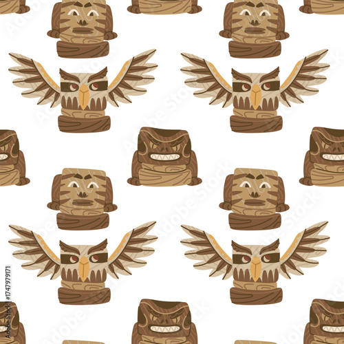 Pattern of diverse animals as totems, Native Americans. Colorful flat seamless texture in symmetry. Faith, rituals, worship. Historical findings. Nomadic. American Indians