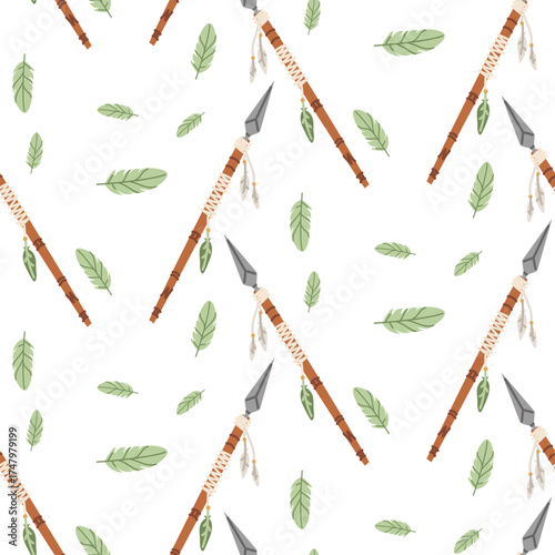 spear pattern for hunting, rituals is decorated with Native American feathers. Colorful flat seamless texture. hunting wild animals, protection of tribe. Historical weapon. Nomadic. American Indians