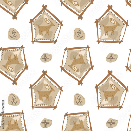 Pattern of panel made of branches with an animal skin stretched over it and drawings, stones with Native American elements. Colorful flat seamless texture. Theme drawings and writing. American Indians