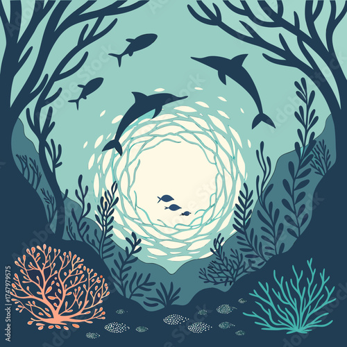 Underwater ocean mandala, coral reefs, sea anemones, swirling currents