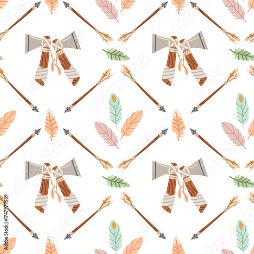 Pattern Two tomahawks, arrows, feathers, Native Americans. Colorful flat seamless texture in symmetry. Variety of arrows. Theme hunting, protection, prey. Historical finds. Nomadic. American Indians
