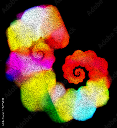 Colorful rainbow glowing spirals superimposed on each other on a black background. Imitation oil painting. Bright graphic design element. 3D rendering. 3D illustration.