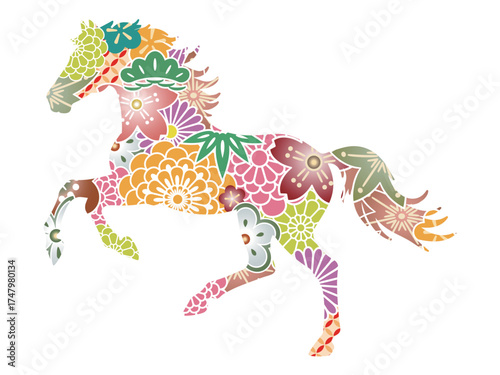 和柄の花模様が美しい馬のシルエット カラフルな午年イラスト素材