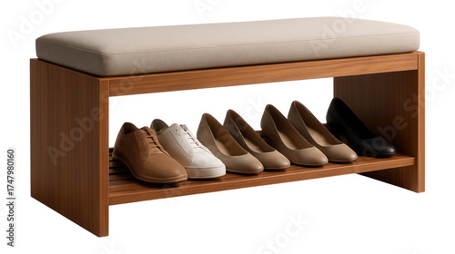 A bench with a shoe rack and cushioned seat, ideal for entryways in apartments.