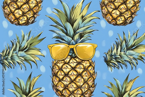 Cool Pineapple with Yellow Sunglasses Sketch Style on a Light Blue Background