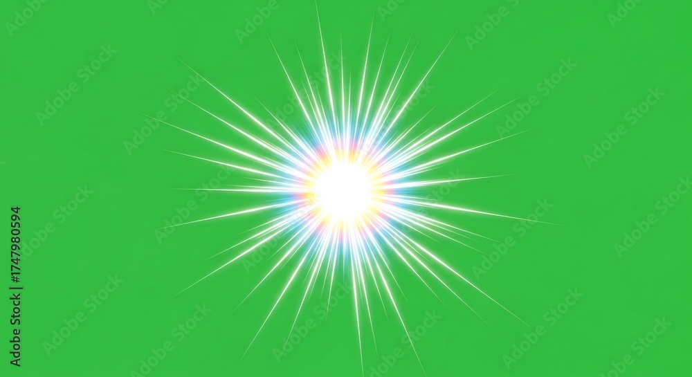 Obraz premium Bright light rays with colorful glow isolated on green screen. Chromakey background for digital effects. Shine effect for video editing.