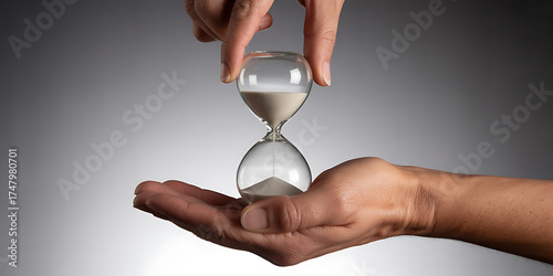 Hands delicately hold an hourglass, symbolizing the fleeting nature of time and its passage.