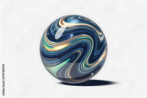 Swirling blue, green, and gold colors create a mesmerizing, glossy, spherical abstract design.