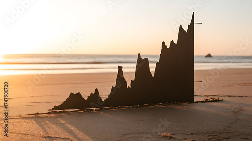 Intricate sandcastle structure stands silhouetted against a warm, golden sunset over the ocean.