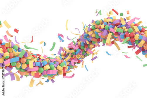 Colorful confetti and streamers swirl and dance, celebrating joy, excitement, and a festive atmosphere.