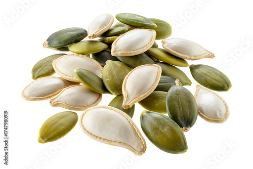 Pile of green and white pumpkin seeds, a nutritious and healthy snack.