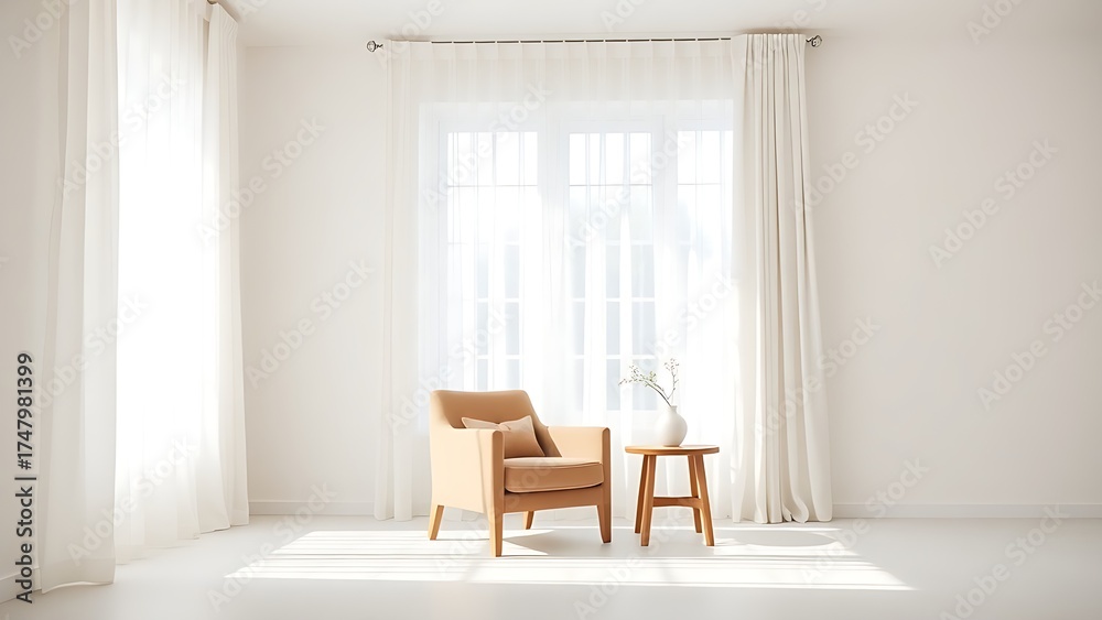 Fototapeta premium A serene minimalist living space with an armchair and natural light, evoking calmness.