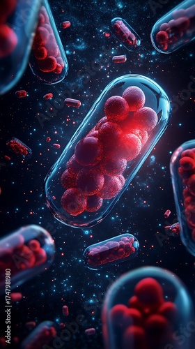 Floating Capsules of Red Cells On Dark Space Background, Microscopic View
