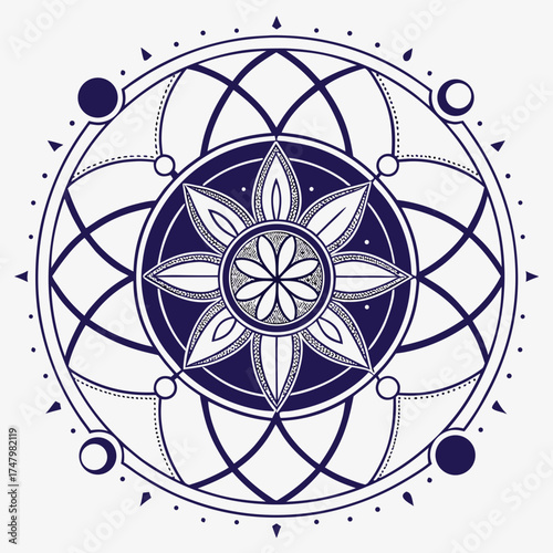 lines, ethereal glow, sacred geometry, shades of deep blue, violet, and silver, soft ambient
