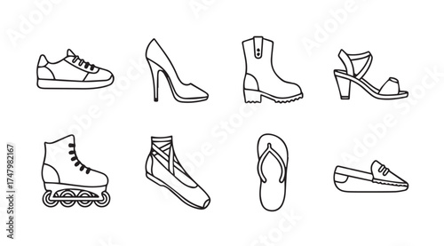 Diverse collection of footwear styles sketched line art fashion icons for style and design projects vector