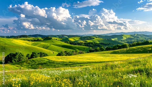 Fototapeta Naklejka Na Ścianę i Meble -  Rolling hills, a vibrant green meadow, and a cloudy blue sky