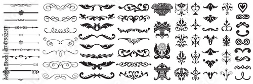 Set or collection of vector filigree flourishes for design. Decorative elements collection.