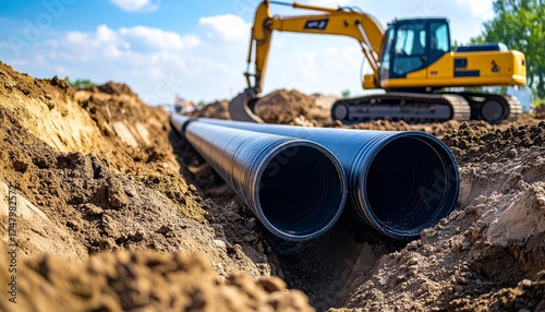 Large black pipes installed in construction trench indicate progress on infrastructure project
