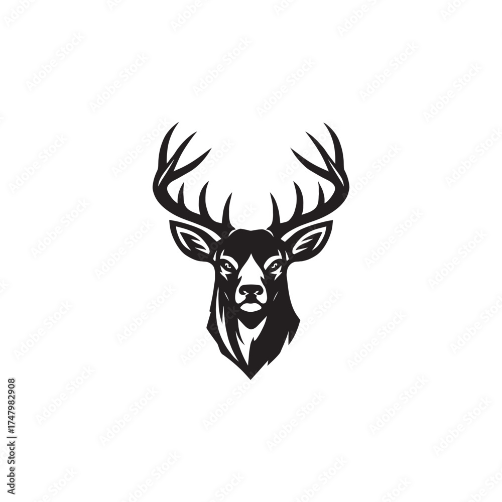 Naklejka premium Deer head silhouette with antlers in black and white style perfect for hunting outdoor wildlife or nature themed design and rustic brand identity